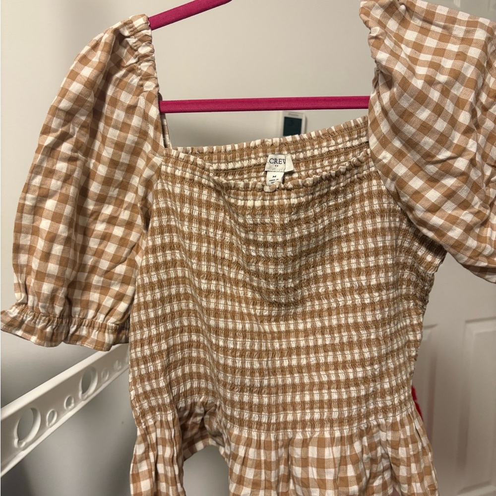 J. Crew Tan and White Puff Sleeve Blouse